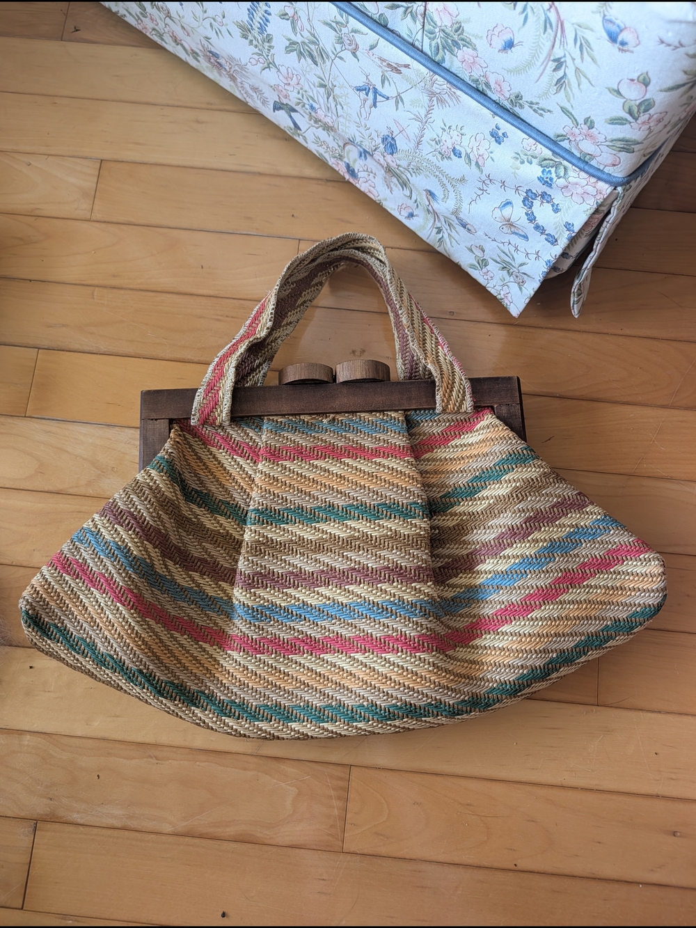 Woven Straw Tote Handbag with Wood Closure